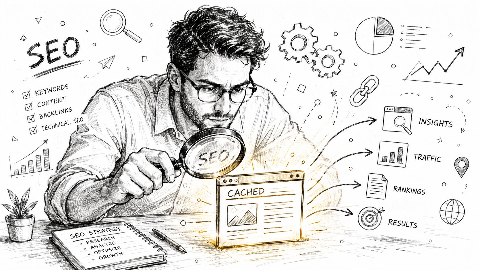 A sketched illustration of a man analyzing a cached web page using a magnifying glass for SEO.