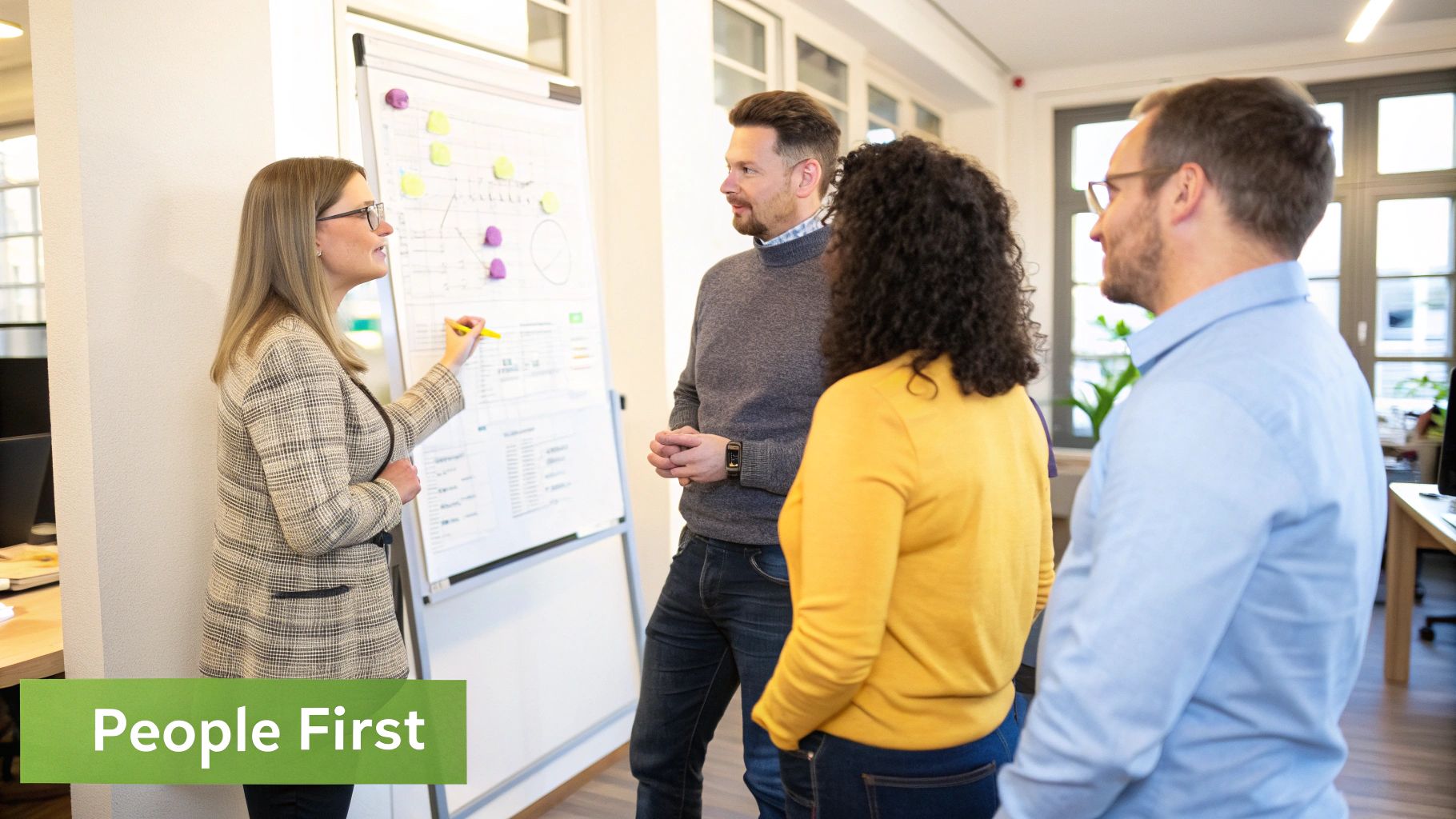 A group of team members having an animated discussion, representing the focus on individuals and interactions.