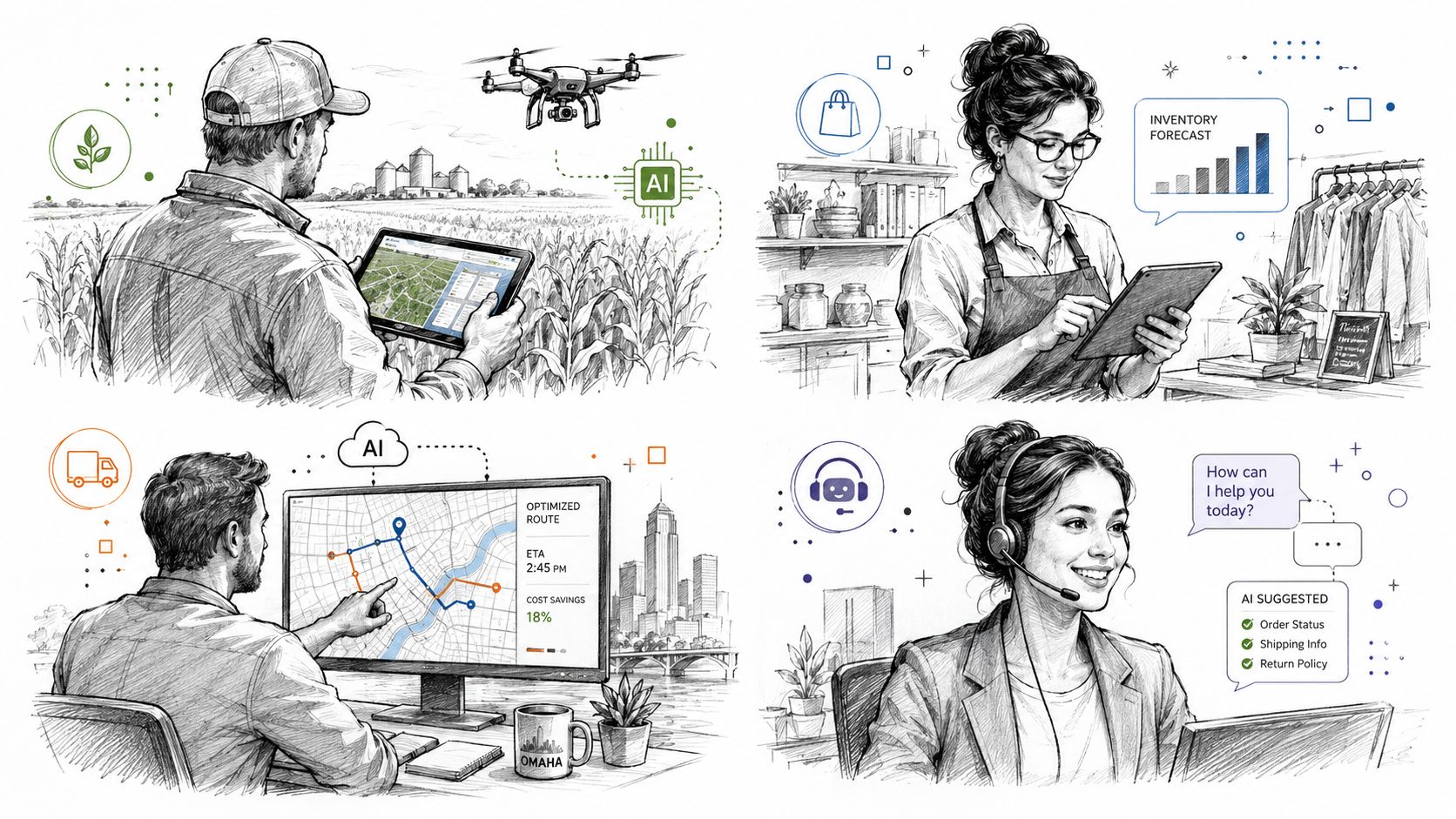 A split image illustration showing diverse professional sectors using artificial intelligence technology for business efficiency and management.