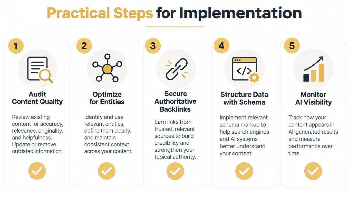 A five-step guide on practical implementation steps for SEO and AI search optimization.