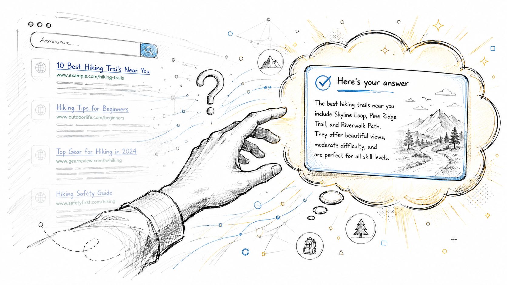A hand pointing to a search engine result box that provides a direct answer to a query.