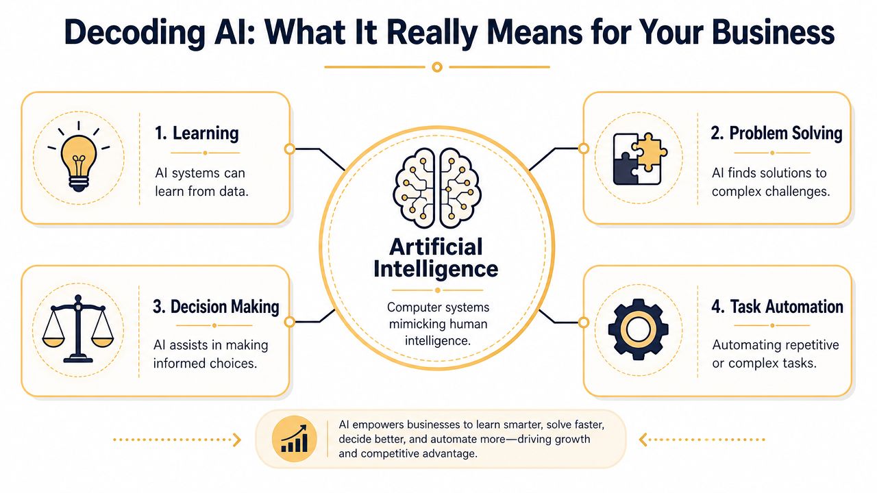 A diagram explaining the four key capabilities of artificial intelligence including learning, problem solving, decision making, and automation.