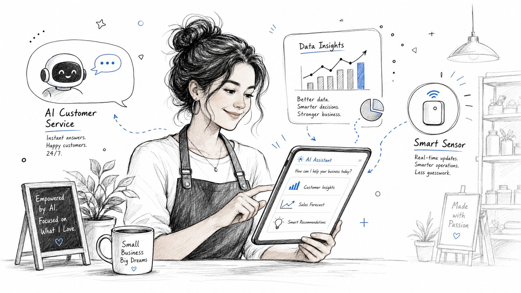 A woman using an AI assistant tablet to manage her small business operations with smart tools.