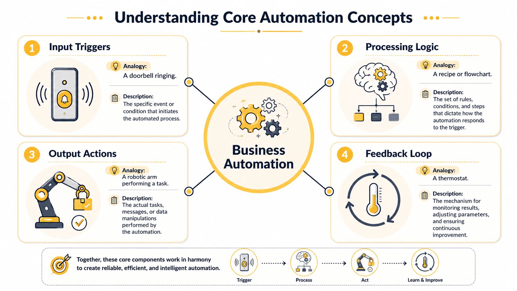 A diagram illustrating the four core concepts of business automation including input triggers, processing logic, output actions, and feedback loops.