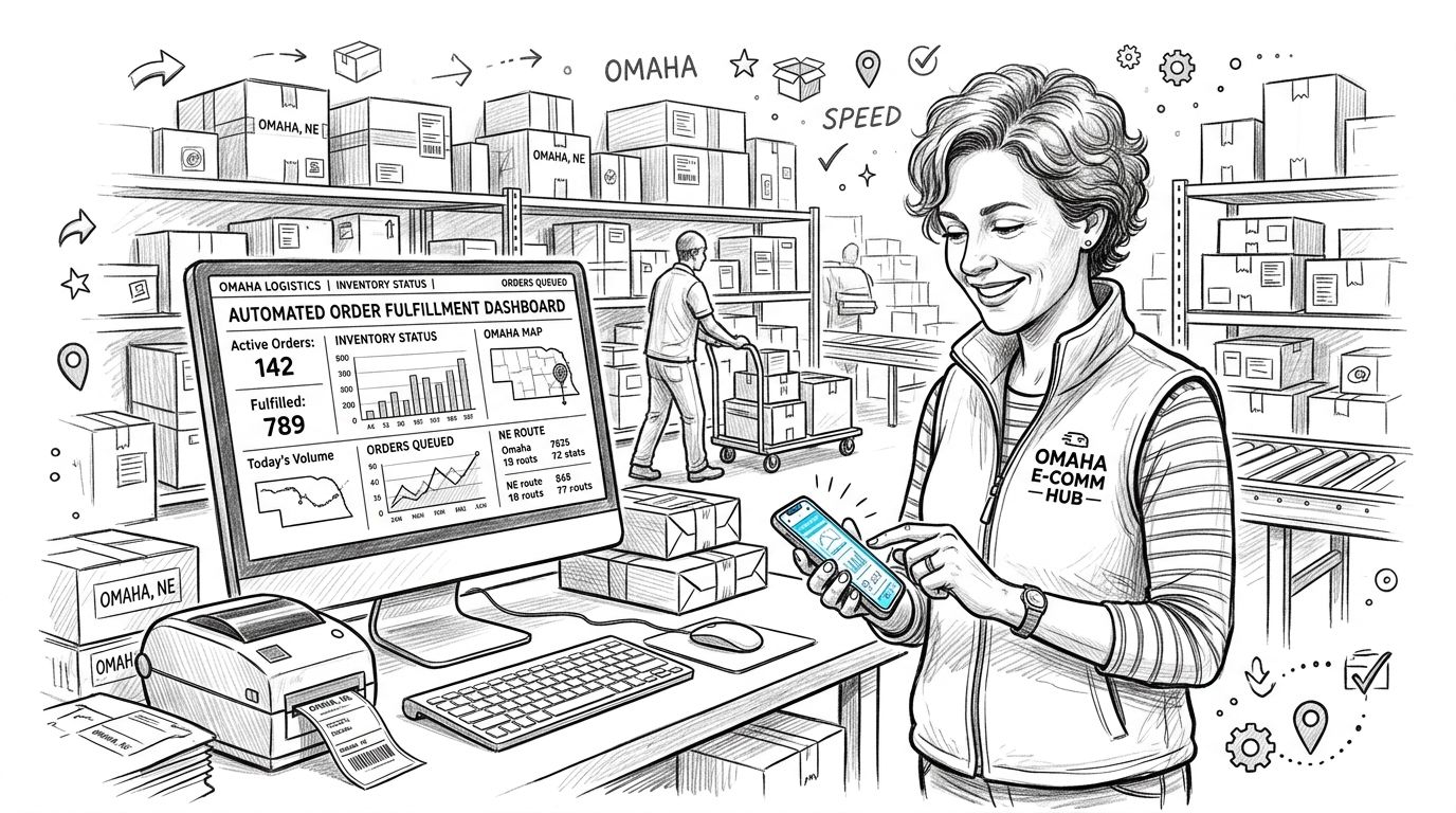 A woman working in a warehouse using an automated order fulfillment dashboard for logistics and inventory management.