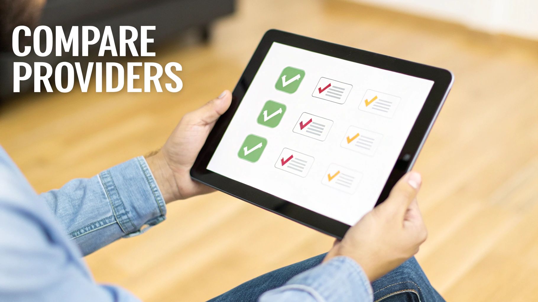 A person at a desk comparing different cloud hosting provider logos on a computer screen, with checklists and graphs visible.