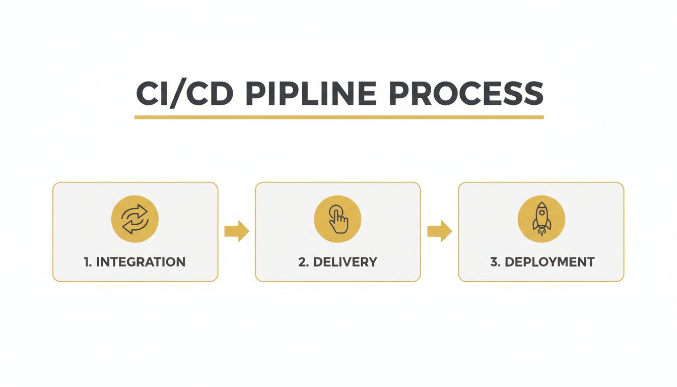 A diagram illustrating the CI/CD pipeline process with three steps: Integration, Delivery, and Deployment.