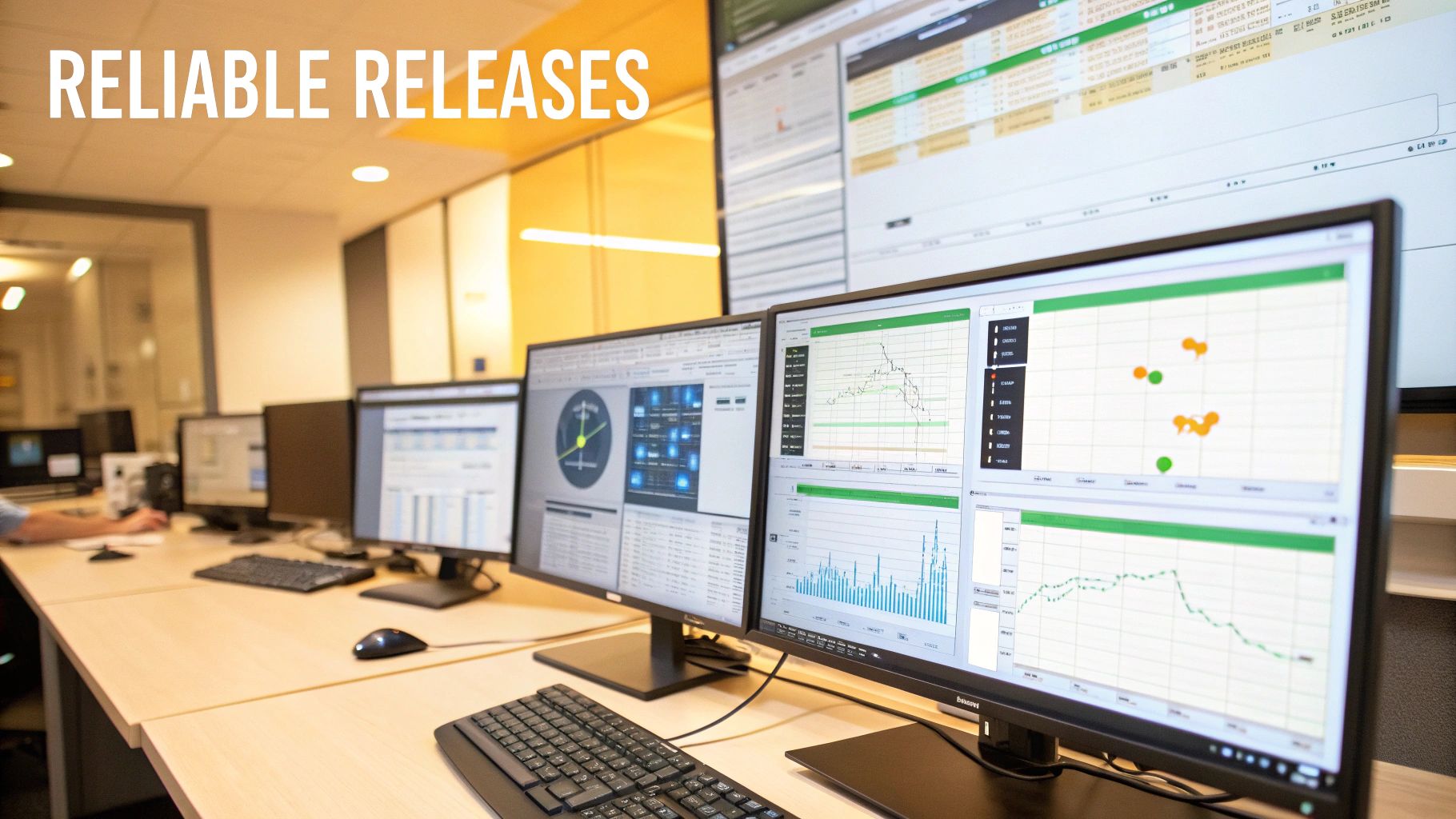 Multiple monitors in a modern control room displaying real-time data and performance graphs for reliable releases.