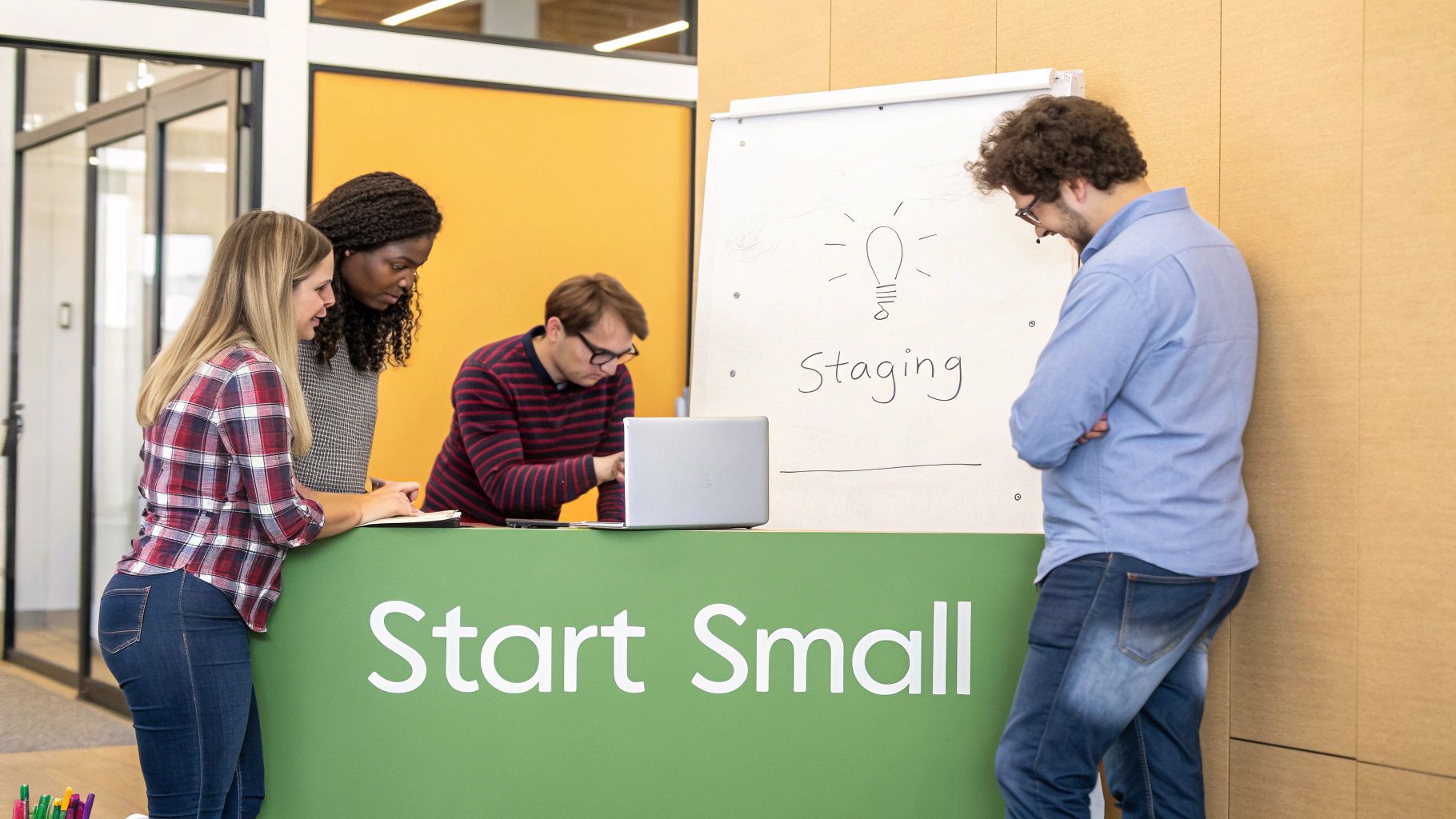 A diverse team collaborates around a laptop and whiteboard with 'Staging' and 'Start Small' visible.