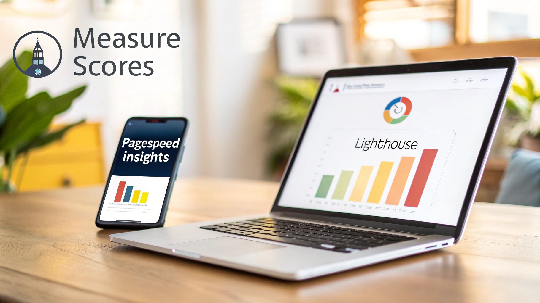 Laptop and smartphone displaying website performance scores with Lighthouse and PageSpeed Insights.