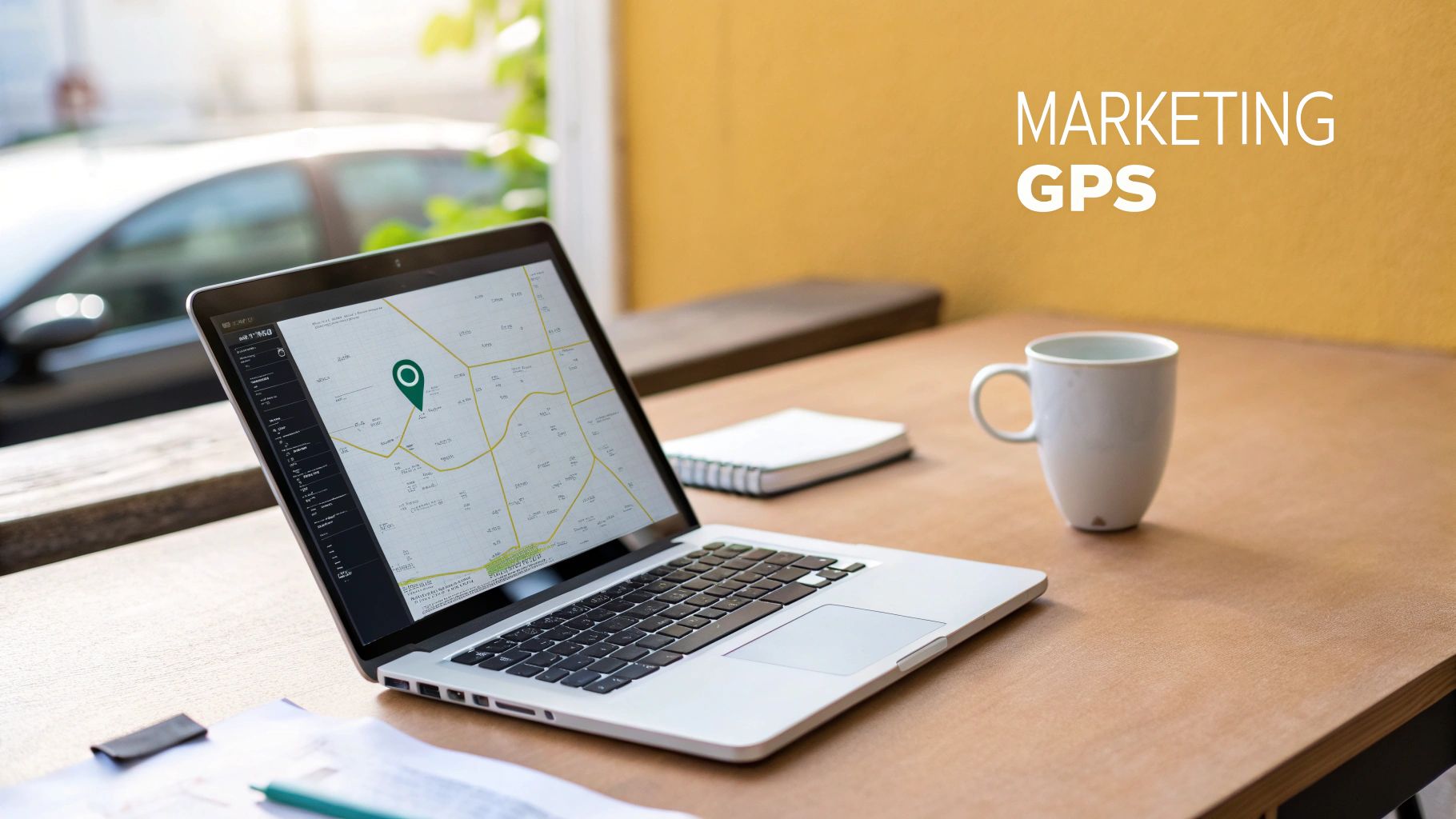 A team collaborating around a computer screen showing various marketing analytics charts and graphs.