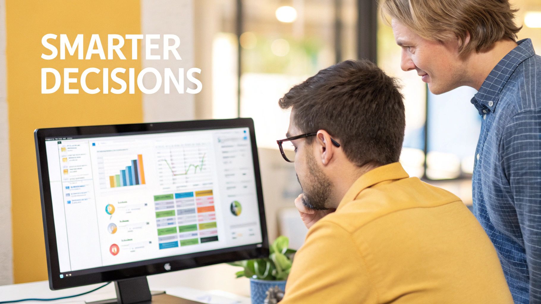 A person pointing at a data-driven chart on a screen, making a strategic marketing decision.