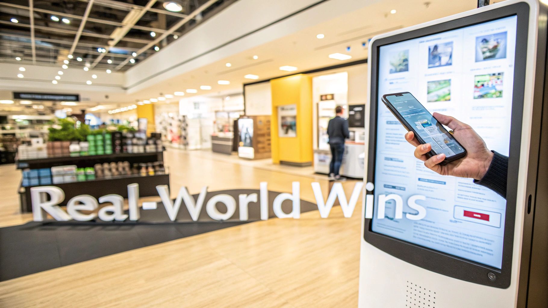 A retail store with digital kiosks and interactive displays, showing customers engaging with the brand across multiple touchpoints.