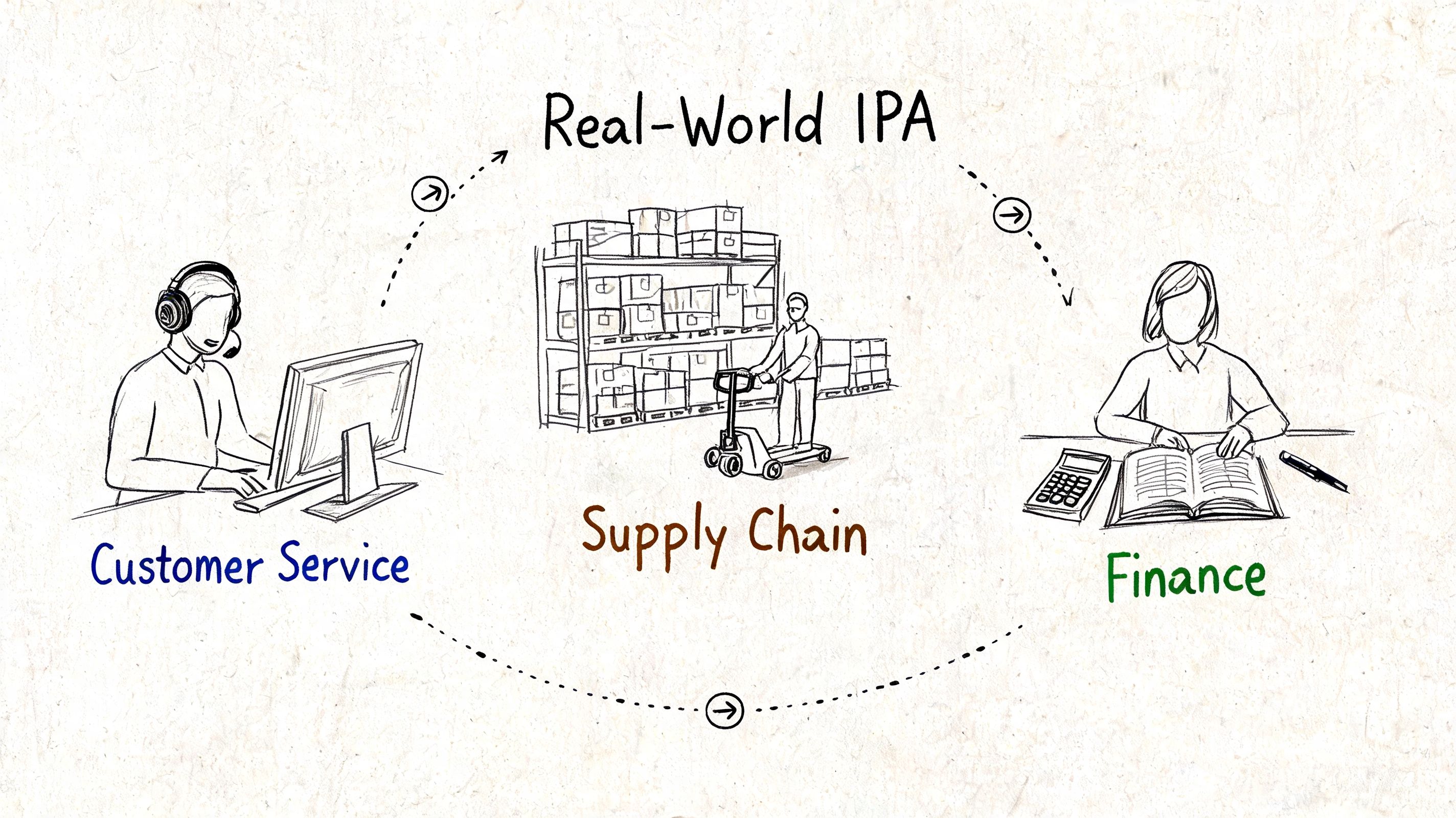 A hand-drawn illustration showing intelligent process automation connecting customer service, supply chain management, and finance departments.
