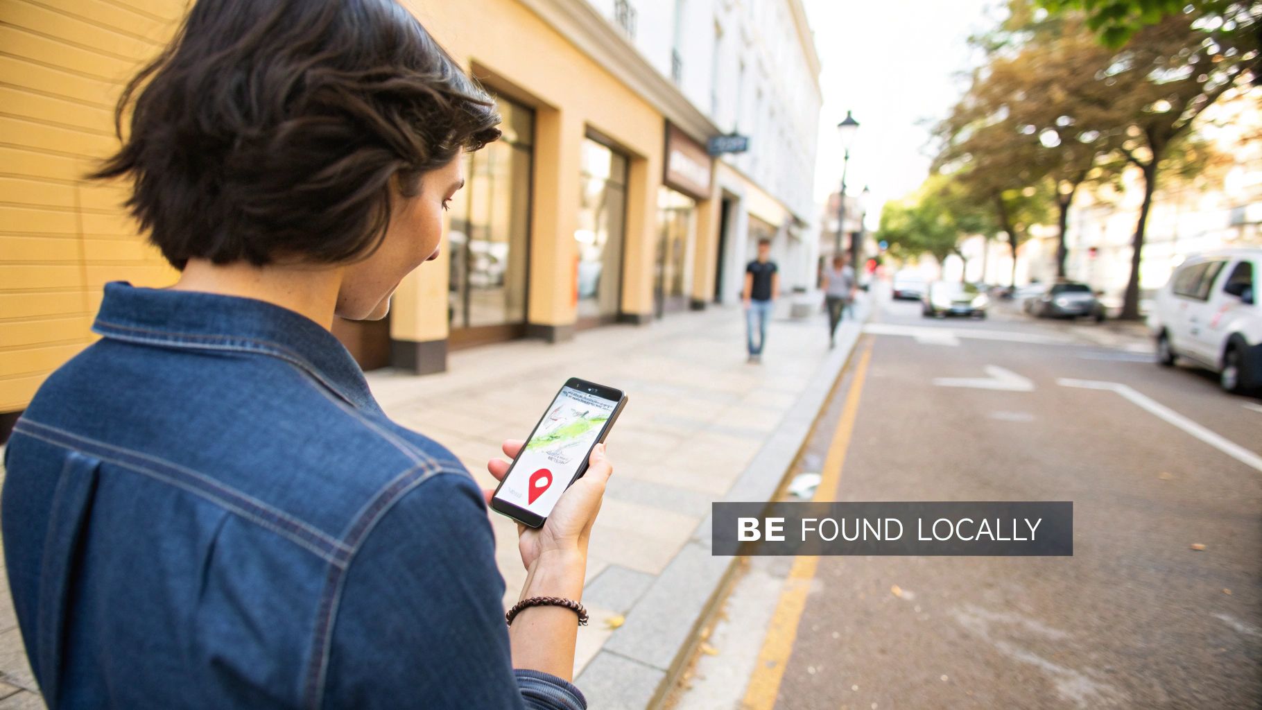 A person holds a smartphone displaying a map and a red location pin, walking in a city.