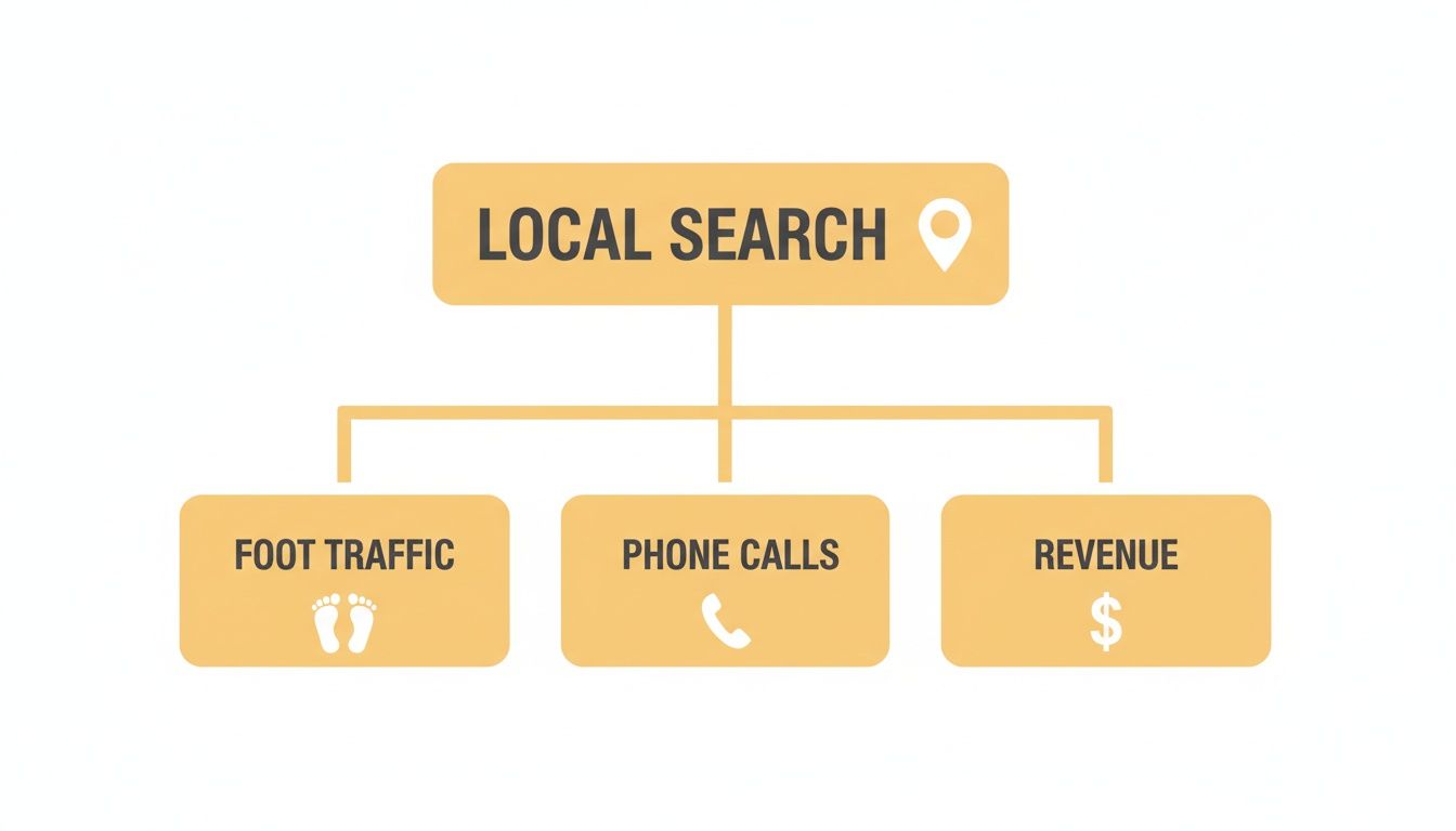 Infographic illustrating the benefits of local search, leading to increased foot traffic, phone calls, and revenue.