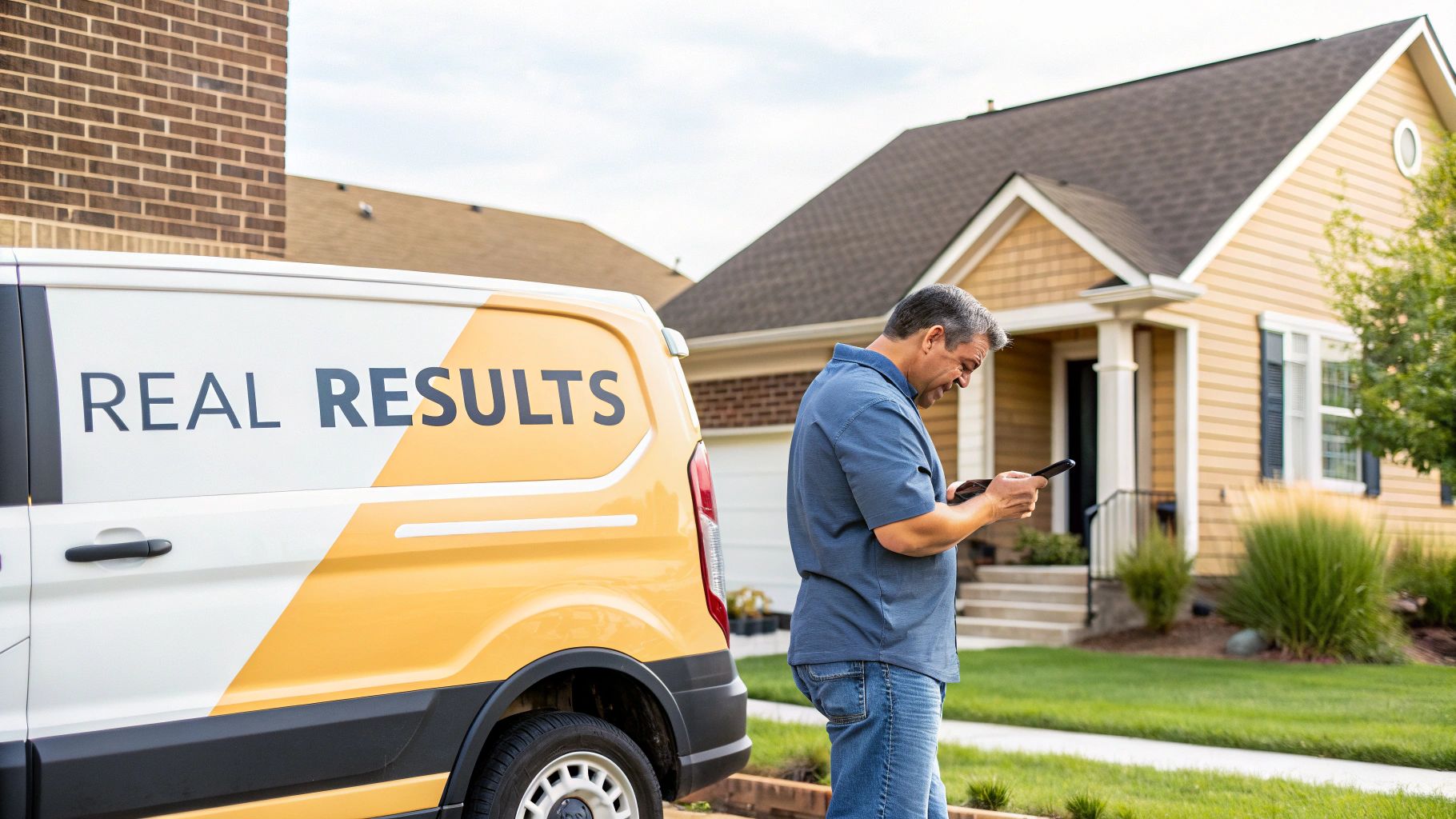 A man in a blue shirt stands next to a 'REAL RESULTS' van, looking at his smartphone outside a house.