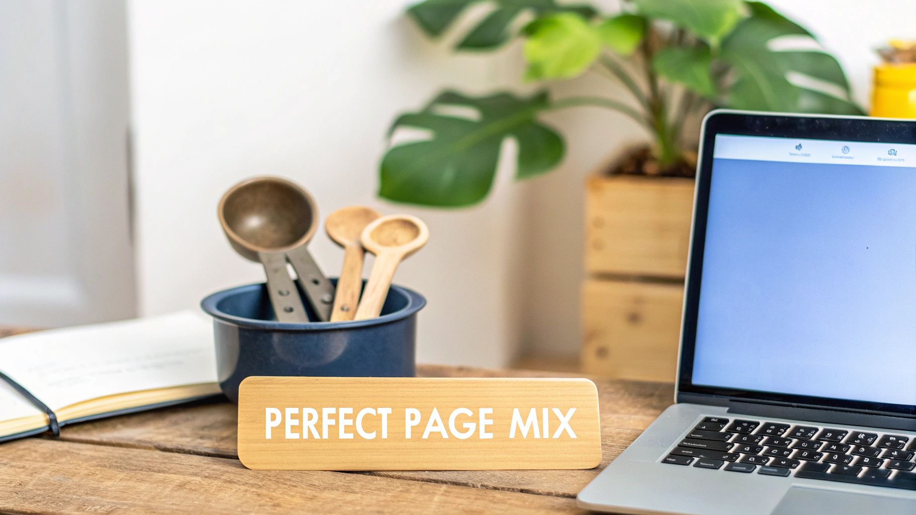 A wooden desk setup featuring a laptop, open notebook, and a sign saying 'Perfect Page Mix'.