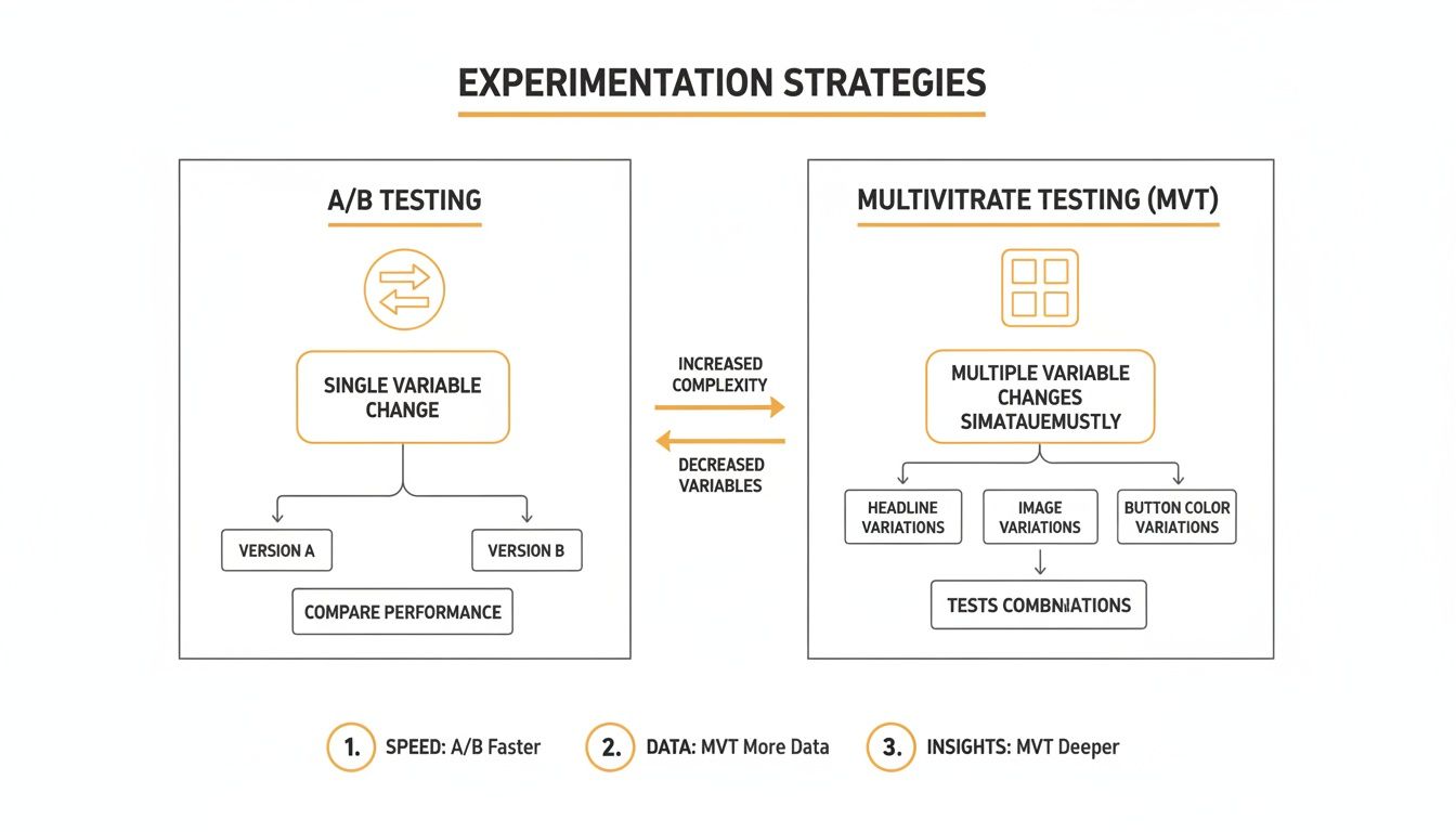 Diagram comparing A/B testing, for single variable changes, and multivariate testing for multiple simultaneous variations.