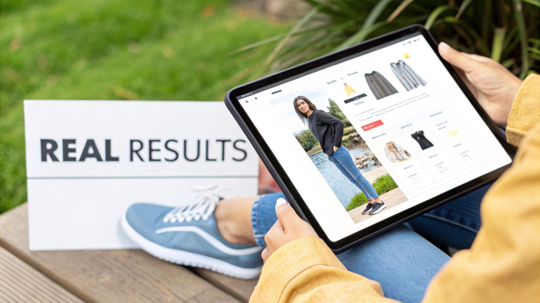 Person outdoors holding a tablet displaying a fashion e-commerce site with a model and clothes, next to a 'REAL RESULTS' sign.