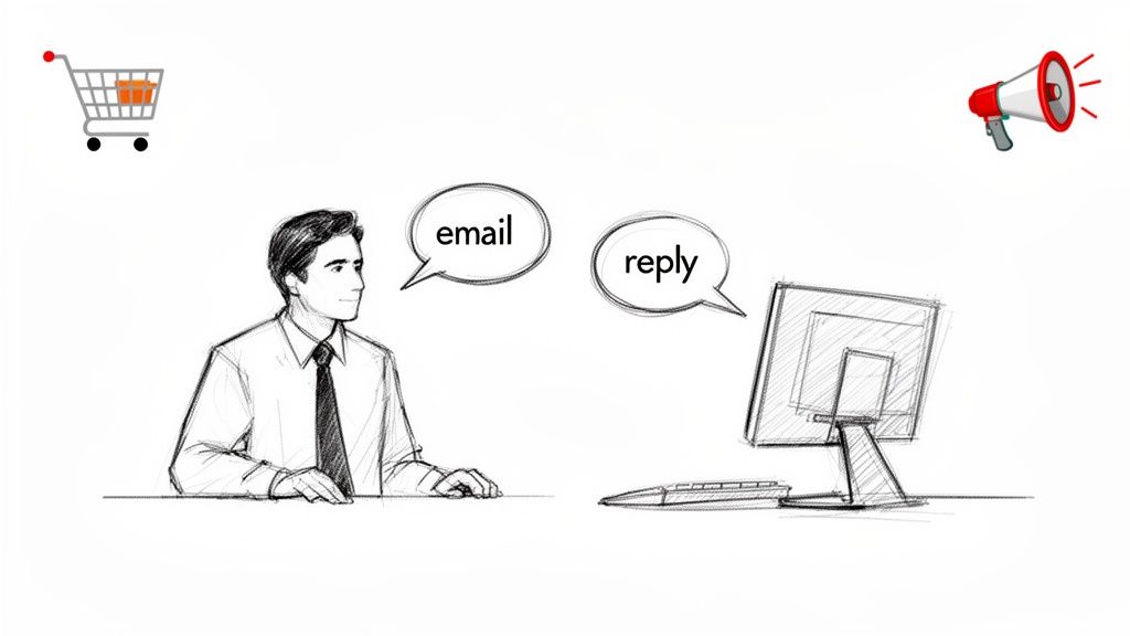 A sketched man interacting with a computer, sending an email and receiving a reply.