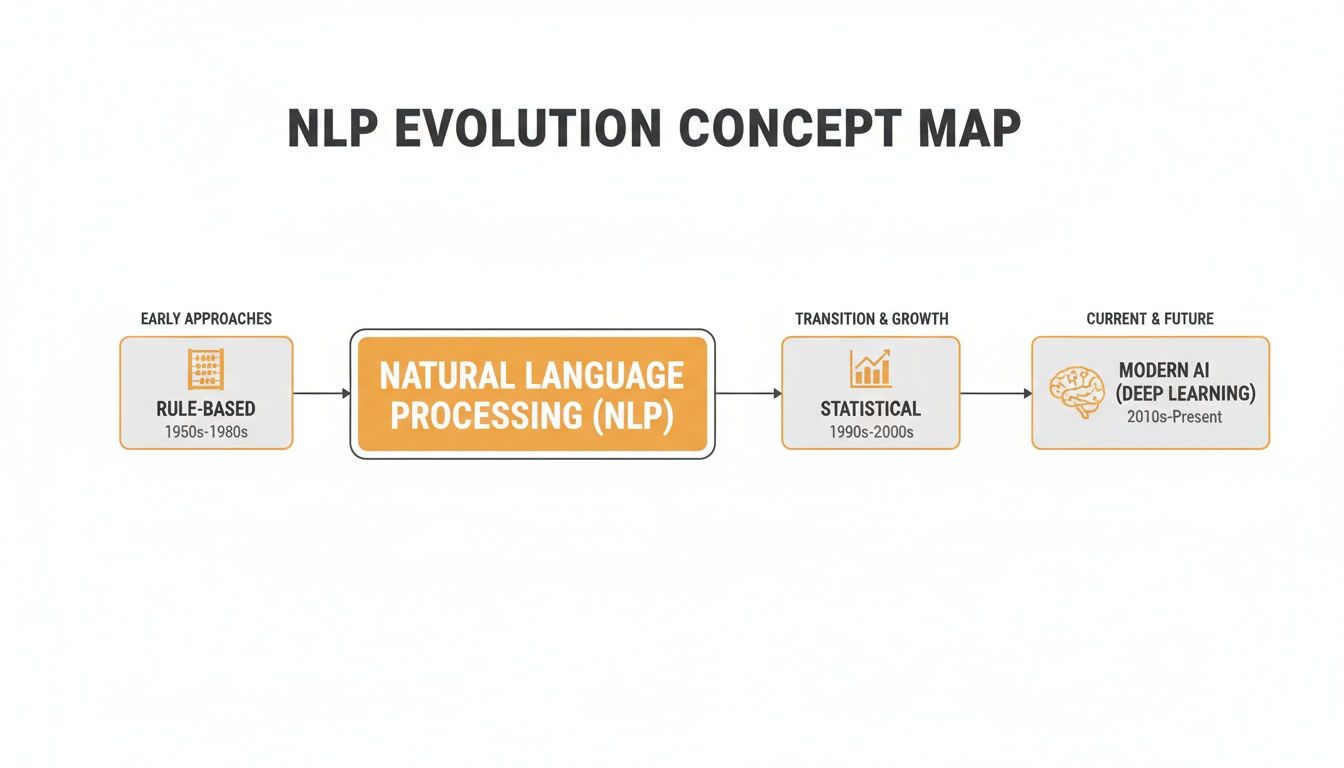 A concept map illustrating the evolution of Natural Language Processing (NLP) from rule-based to modern AI deep learning.