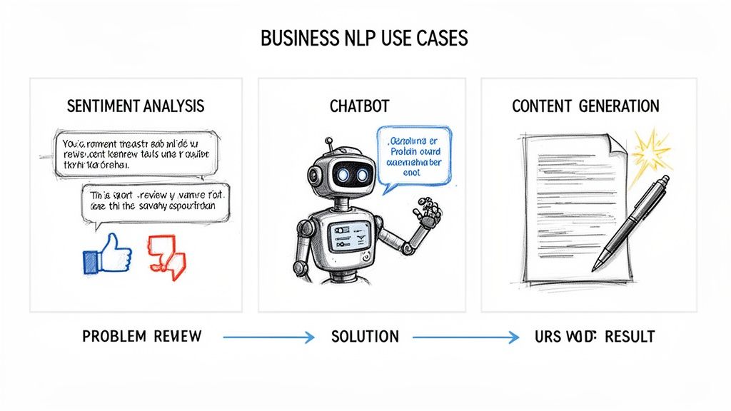 Image illustrating business NLP use cases: sentiment analysis, chatbot, and content generation.