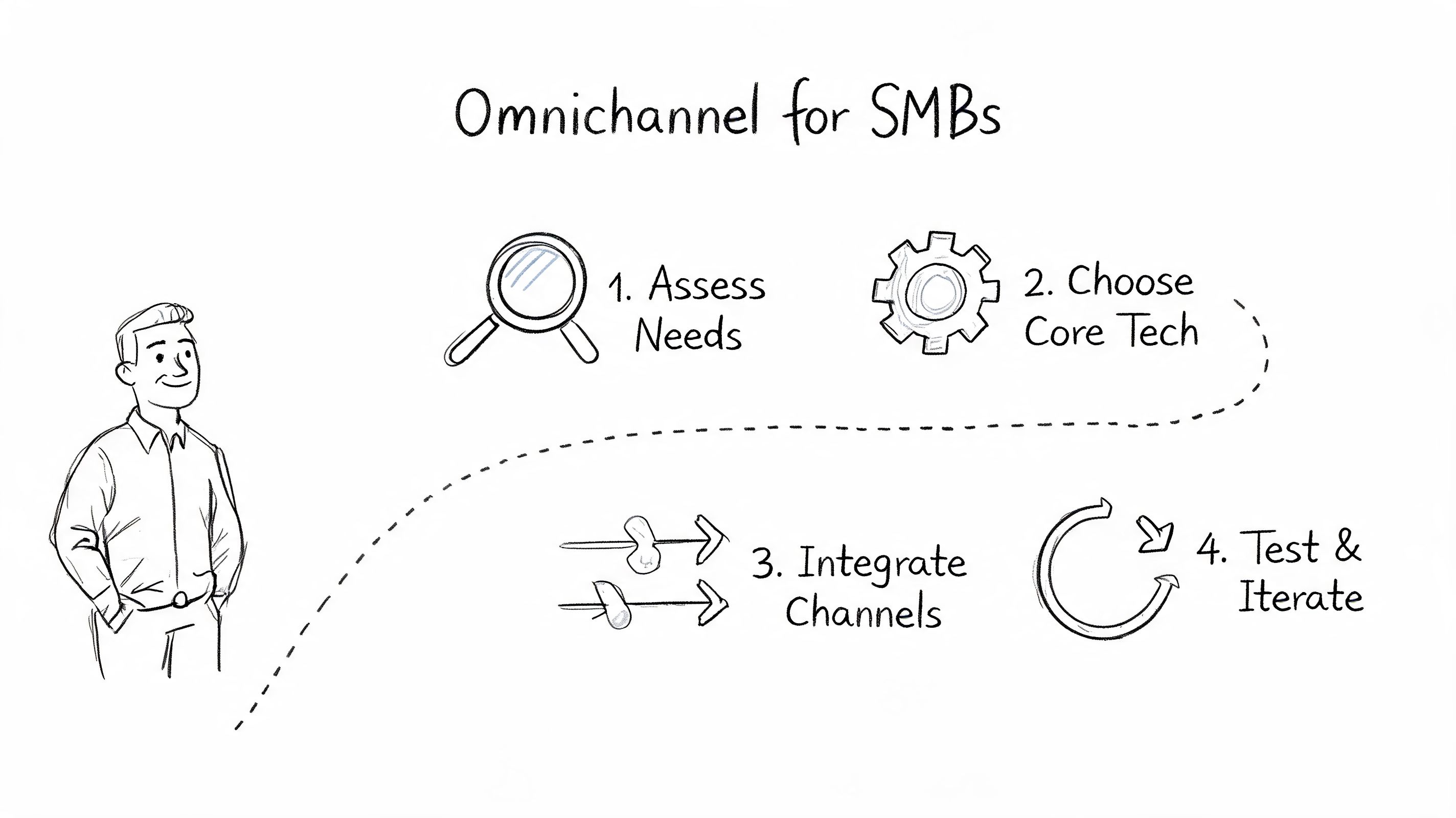 A hand-drawn illustration showing the four-step process for implementing an omnichannel strategy for small businesses.