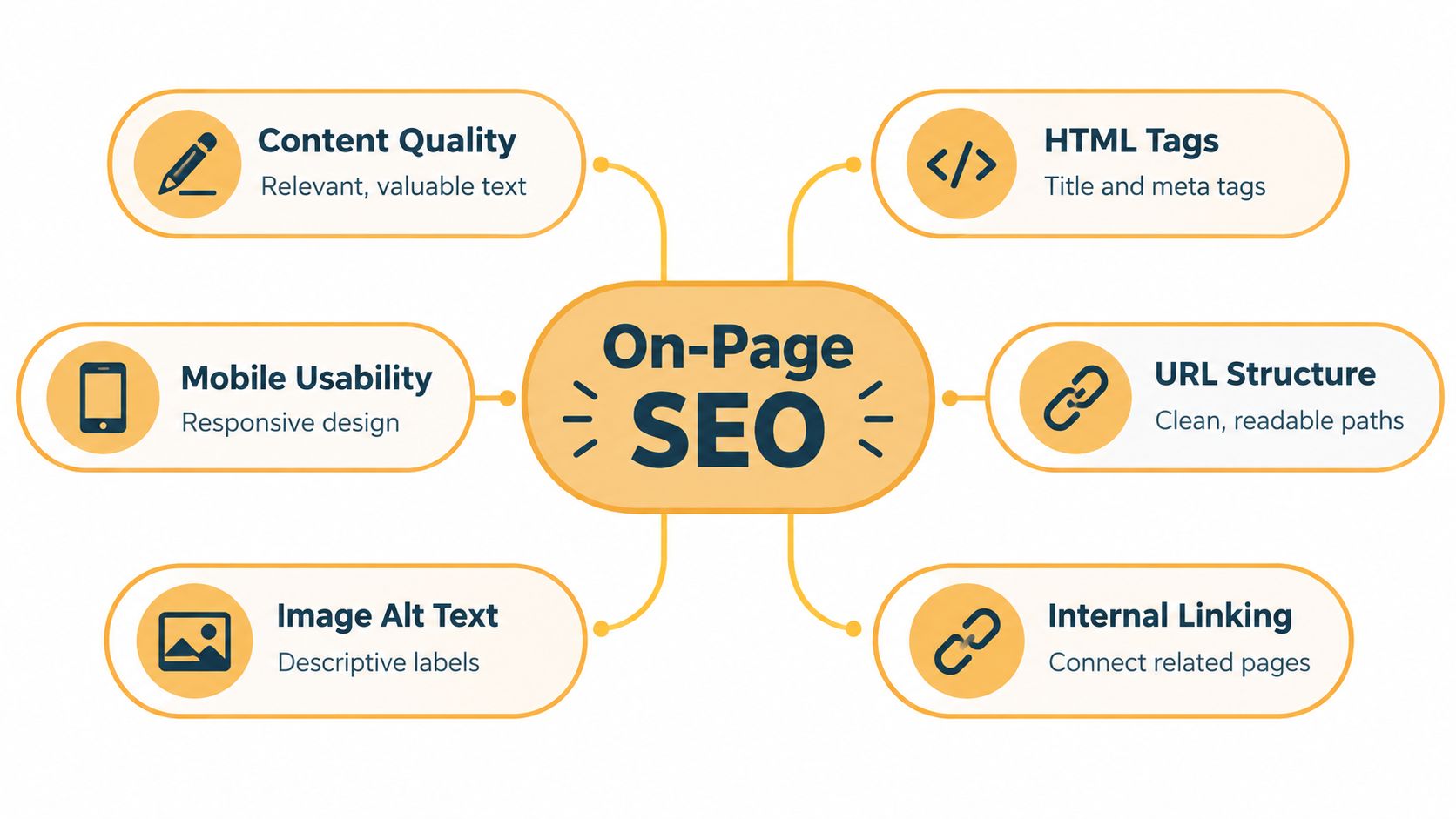 A mind map infographic illustrating the six key elements of on-page SEO optimization for websites.
