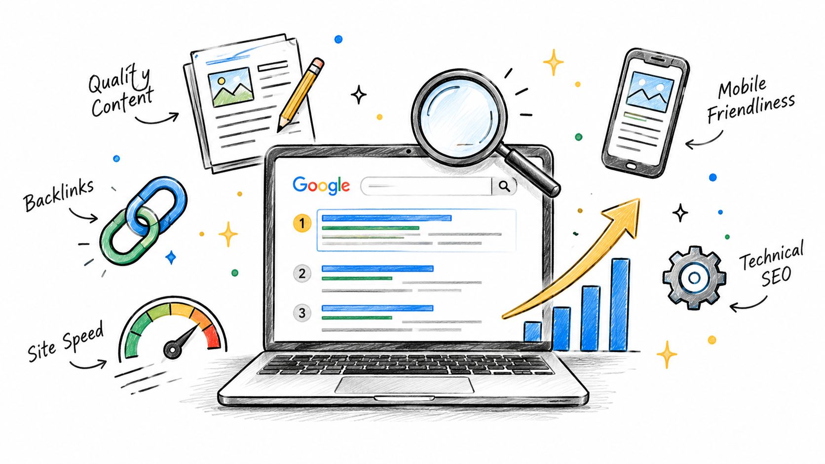 A hand-drawn illustration showing a laptop with a search engine results page, representing essential on-page SEO optimization factors.