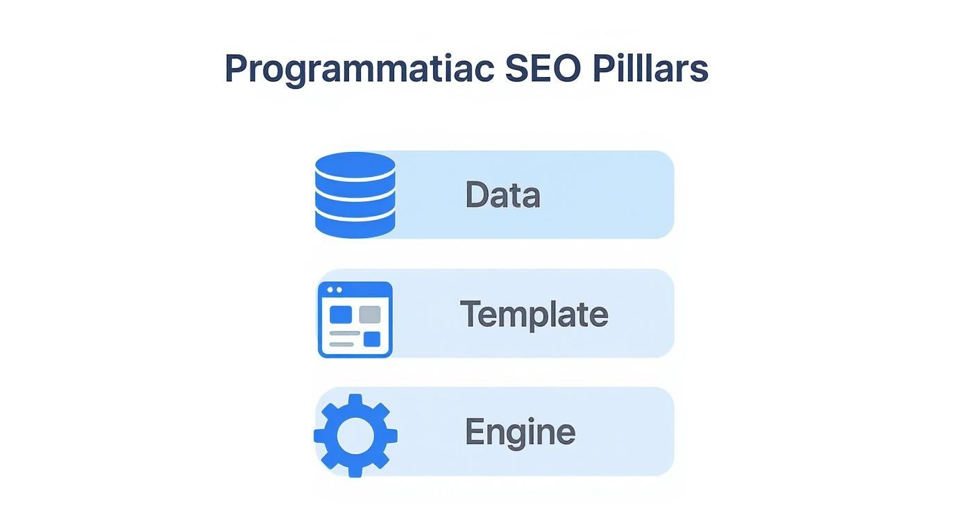 A diagram illustrating the three essential pillars of Programmatic SEO: Data, Template, and Engine.