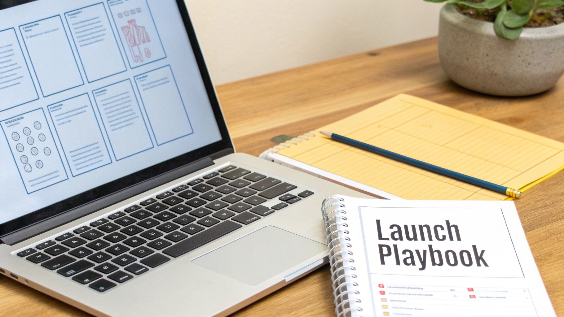 A modern workspace with a laptop displaying a content plan, a 'Launch Playbook' notebook, and office supplies.