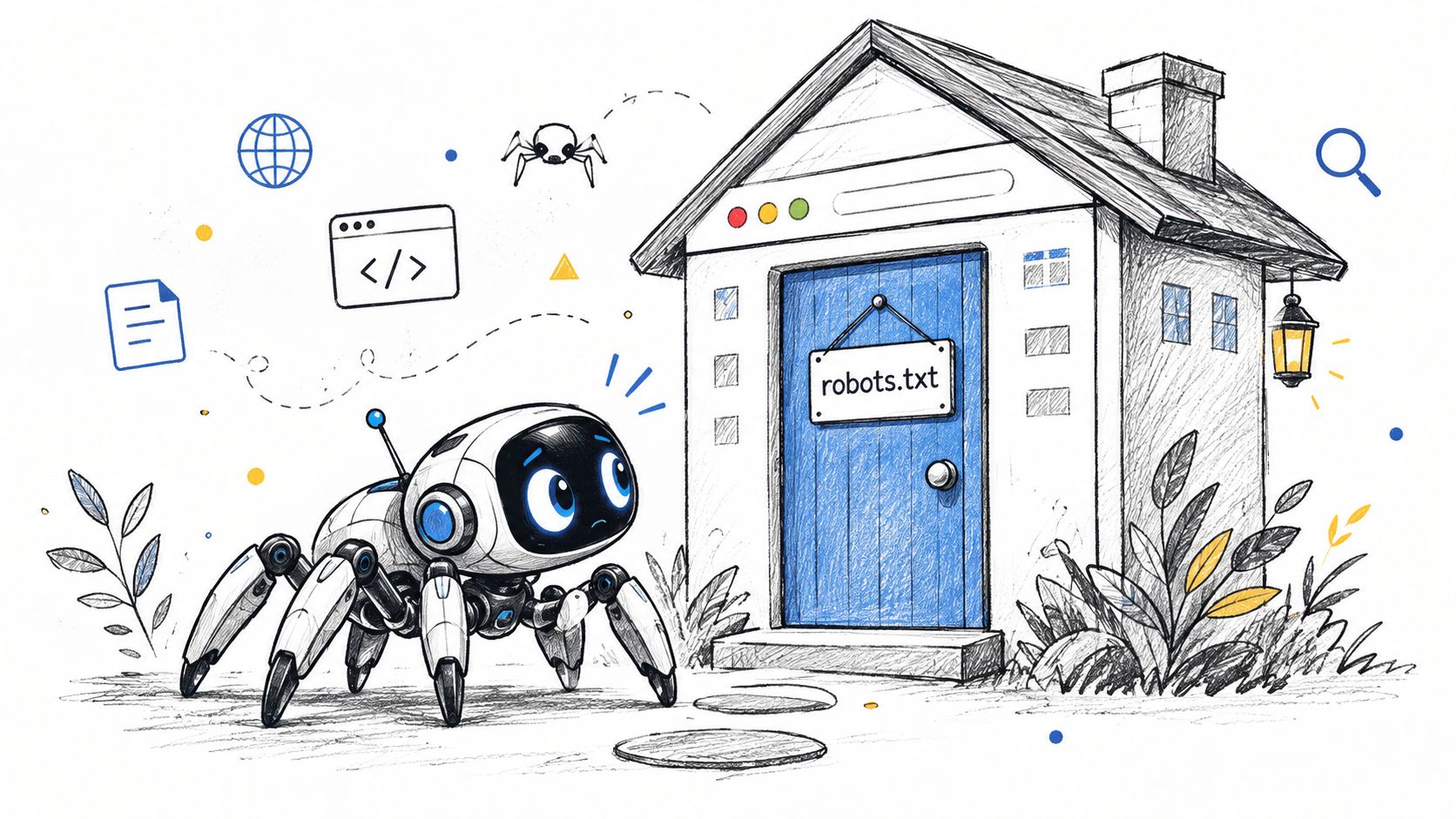 A cute robotic spider standing in front of a house door with a robots.txt sign hanging.