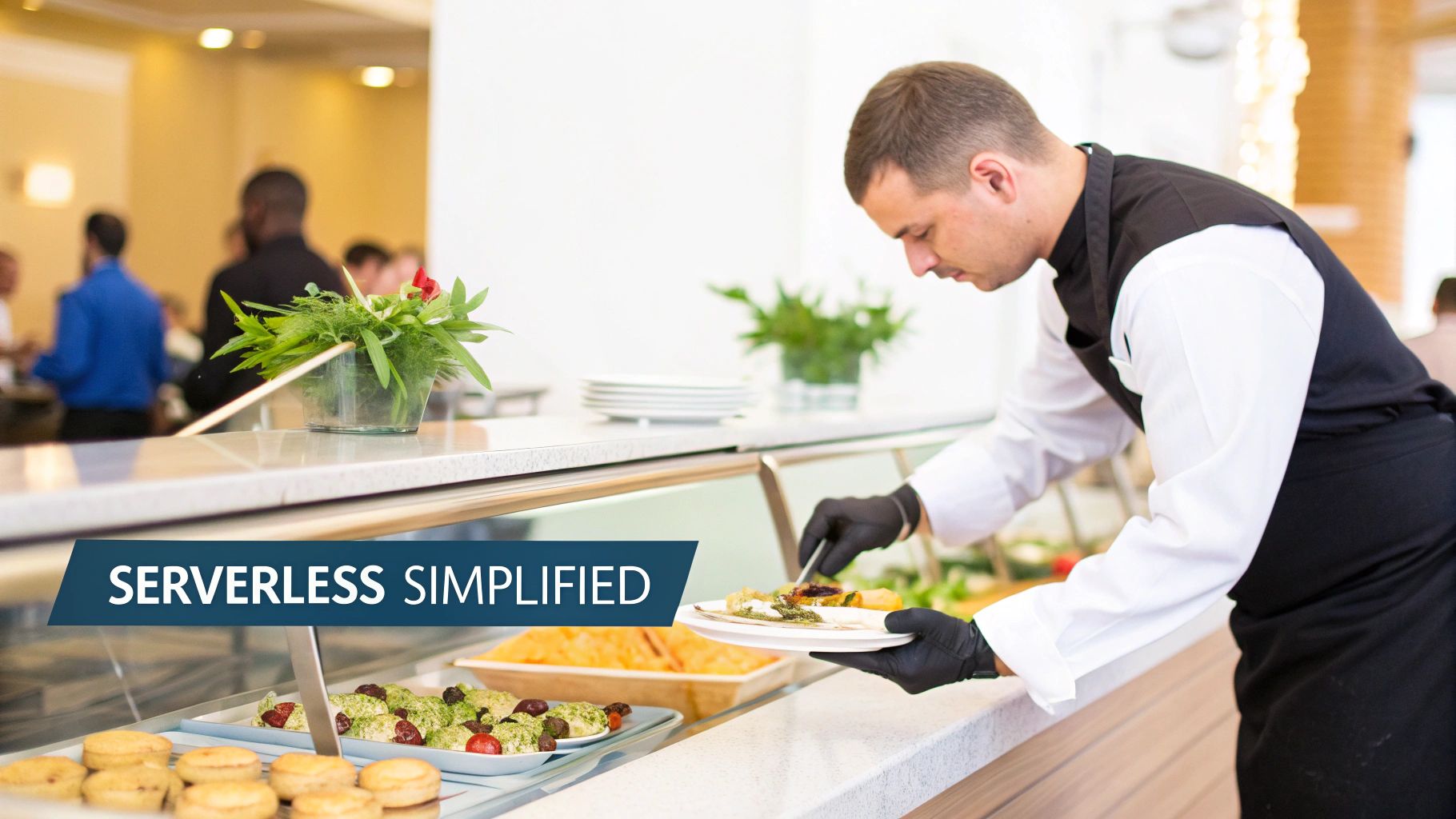 A professional server in a uniform and black gloves serves food from a buffet line.