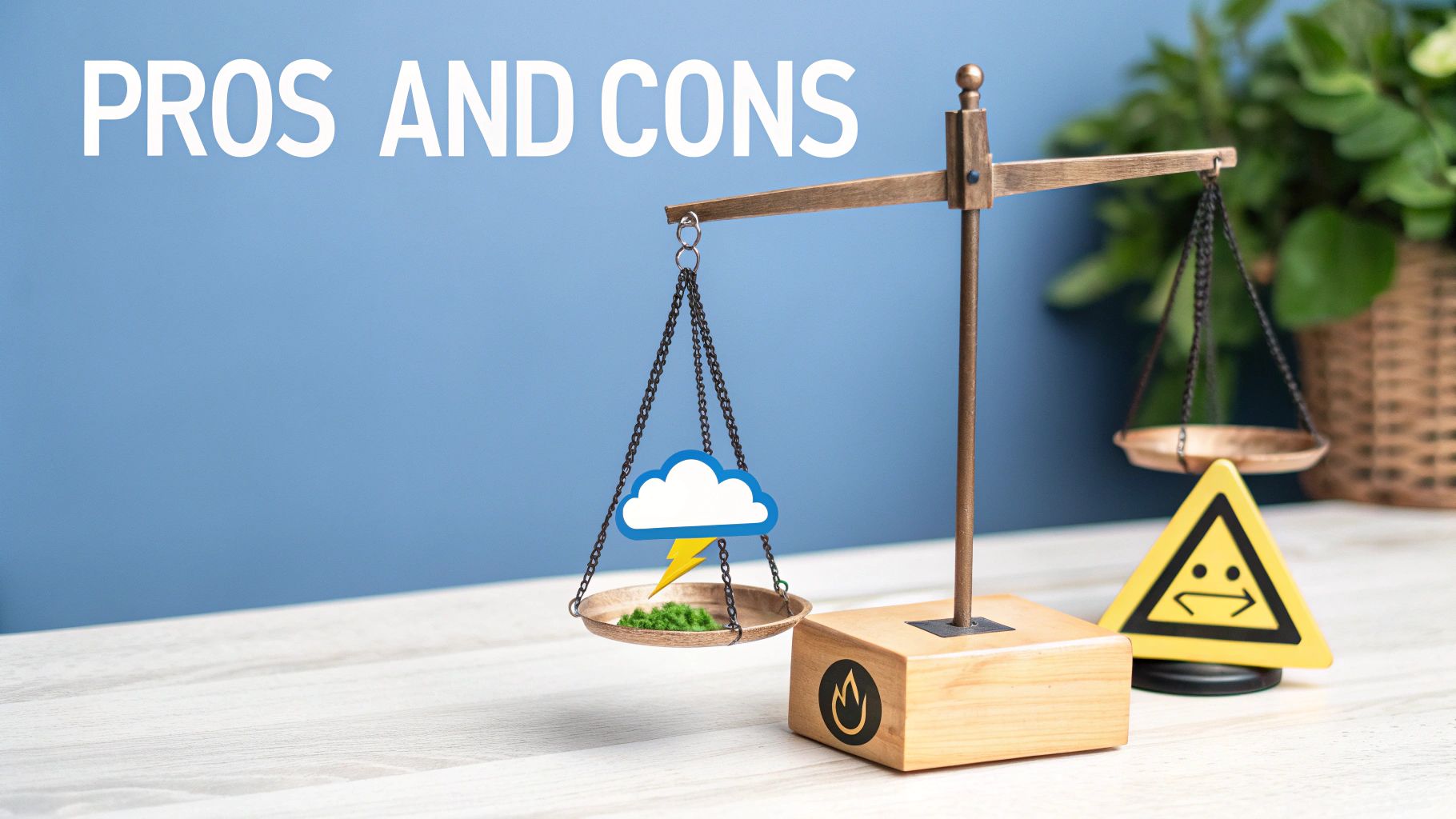 A balance scale with 'PROS AND CONS' text. Left pan holds a cloud with lightning and green moss, right pan is empty with a dilemma sign.