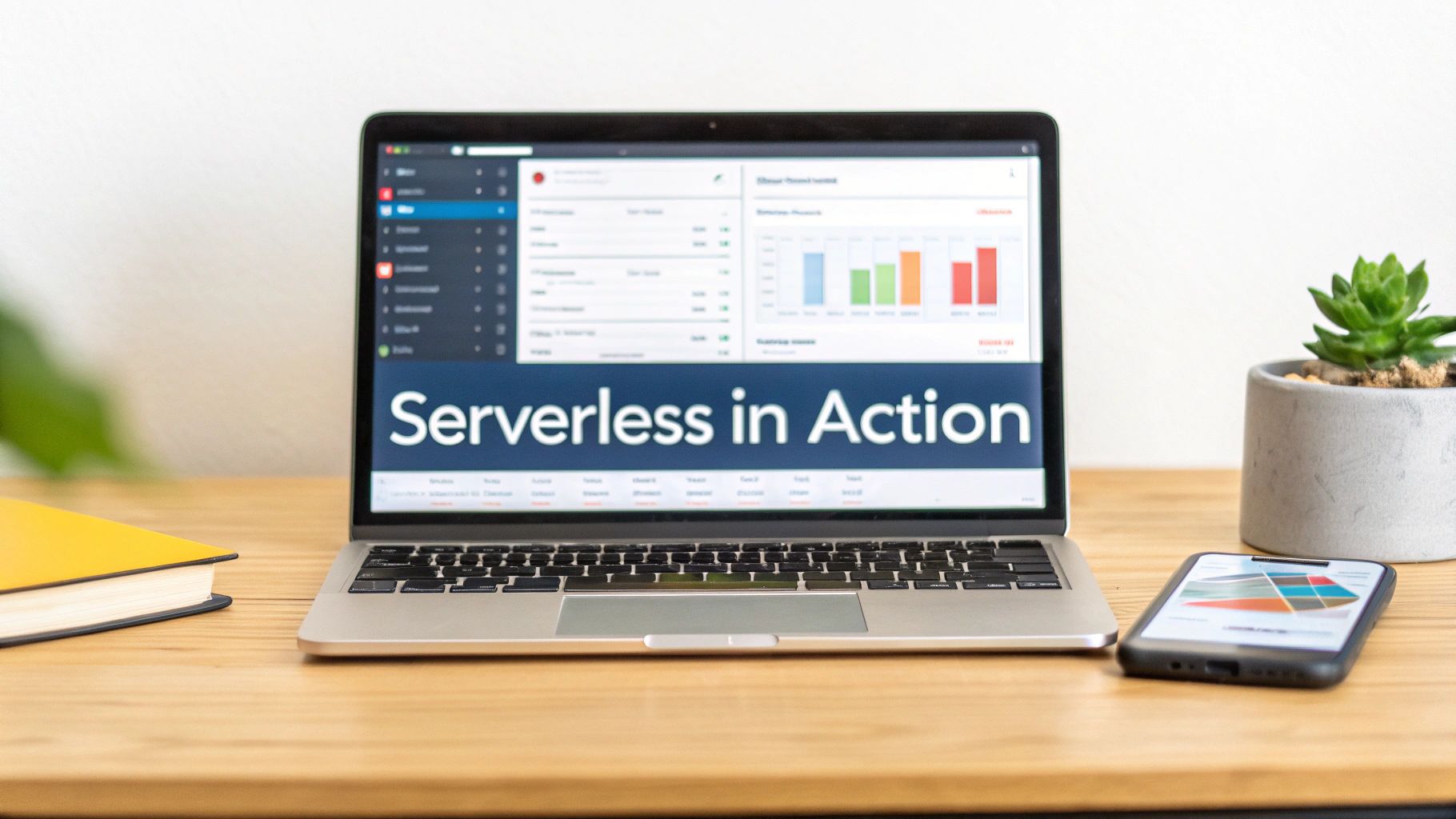 Laptop displaying 'Serverless in Action' dashboard with charts, next to a book, plant, and phone.