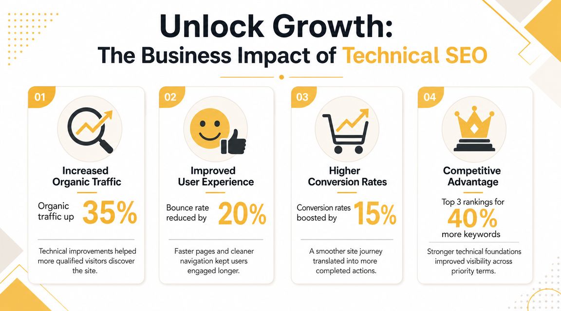 An infographic detailing four business benefits of technical SEO including increased traffic, improved experience, higher conversions, and competitive advantage.