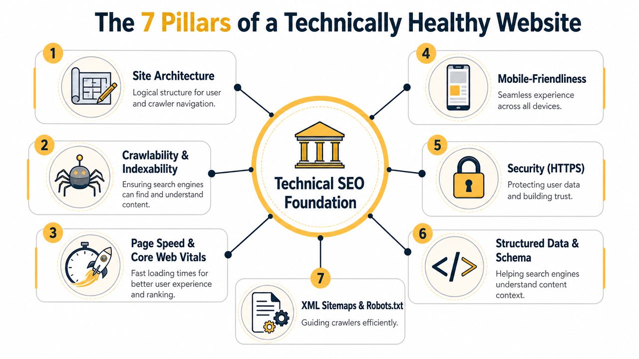 An infographic illustrating the 7 pillars of a technically healthy website for search engine optimization.