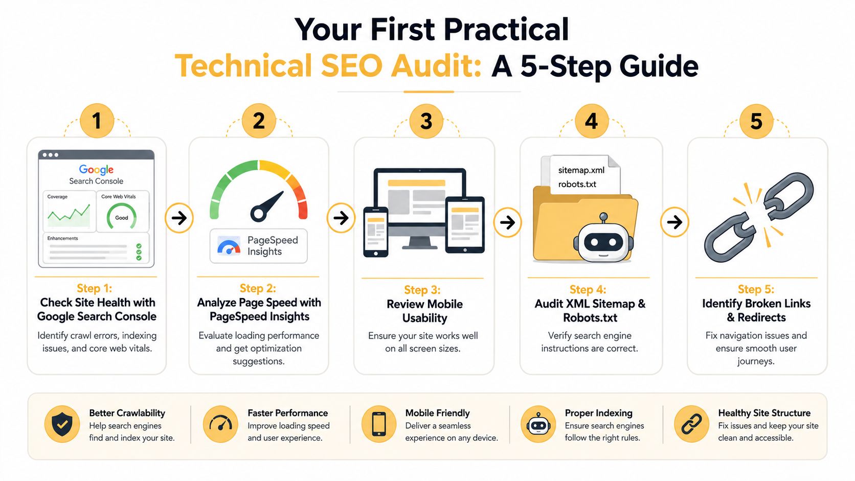 An infographic showing a five-step guide for performing a practical technical SEO audit on a website.