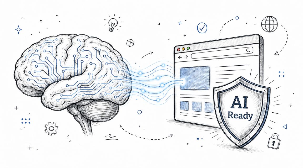 A conceptual drawing of a human brain with circuit patterns connected to a digital browser interface protected by an AI Ready shield.