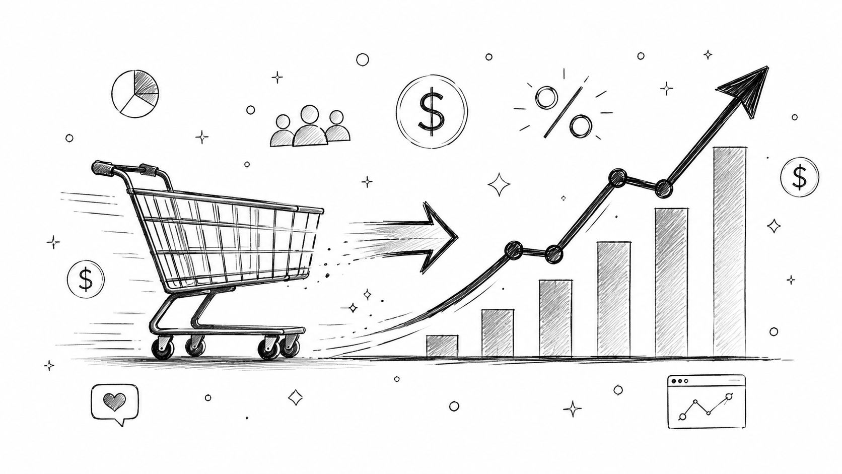 A hand-drawn illustration showing a shopping cart moving toward an upward trending growth chart with business icons.