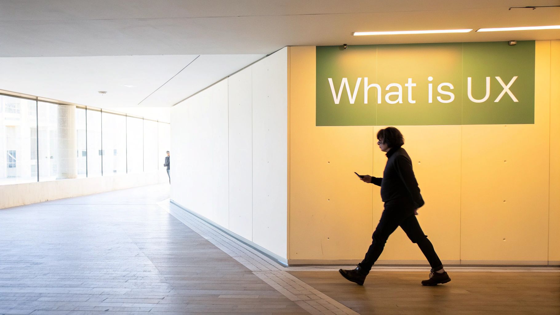 A team of designers collaborating on a user experience design project using sticky notes on a glass wall.
