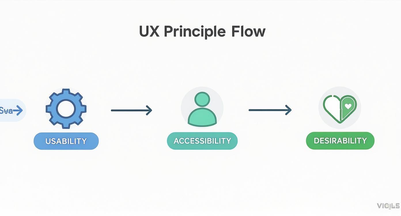 An infographic illustrating the UX design process flow, showing icons for Usability, Accessibility, and Desirability.