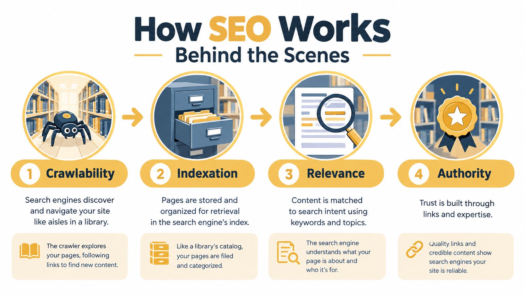 A four-step infographic explaining how search engine optimization works, covering crawlability, indexation, relevance, and authority.