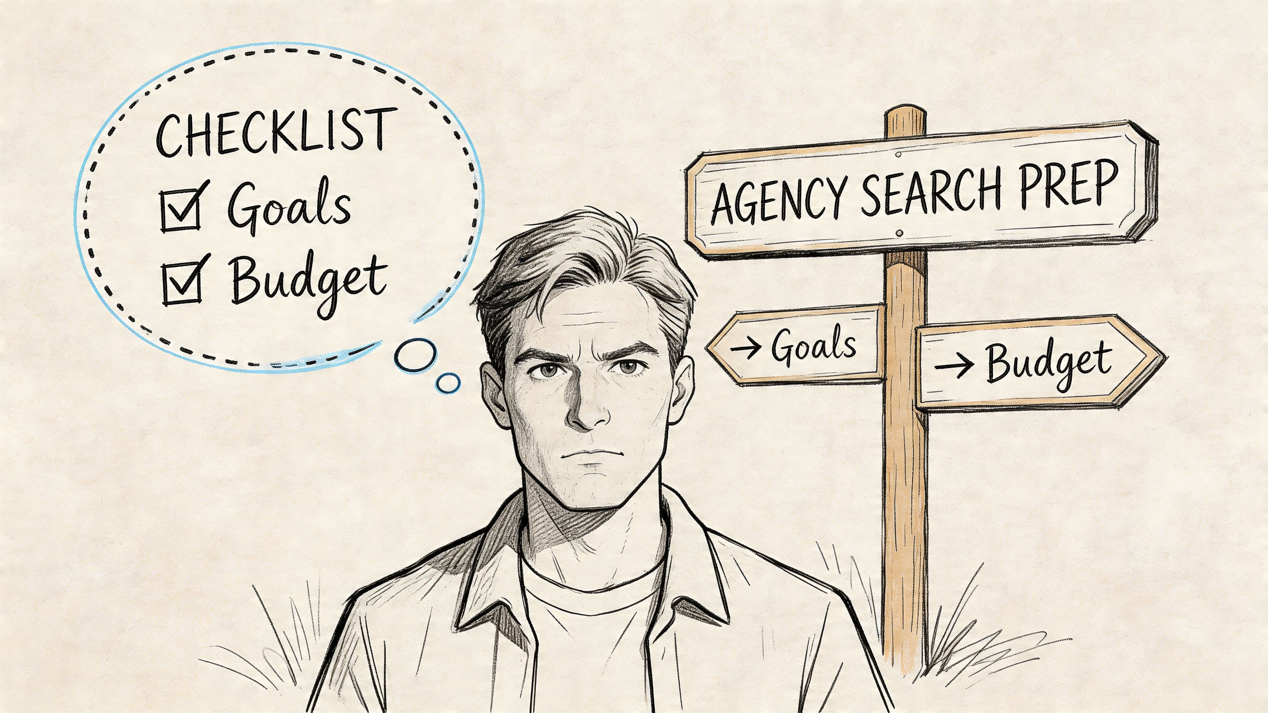 A man thinking about agency search preparation checklist with goals and budget highlighted on a signpost.