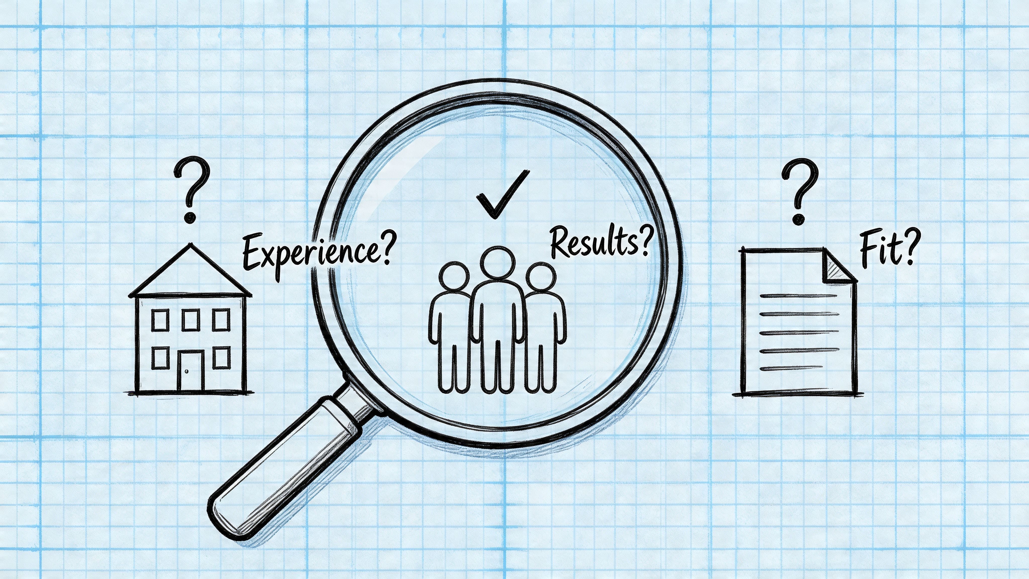 A magnifying glass focusing on people icon, surrounded by house, document icons, and question marks on grid paper.