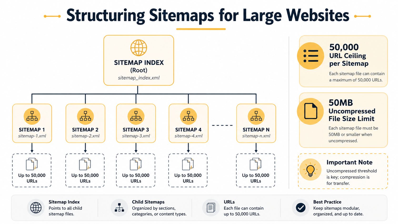 A diagram illustrating how to organize XML sitemap index files for large websites with URL limitations.