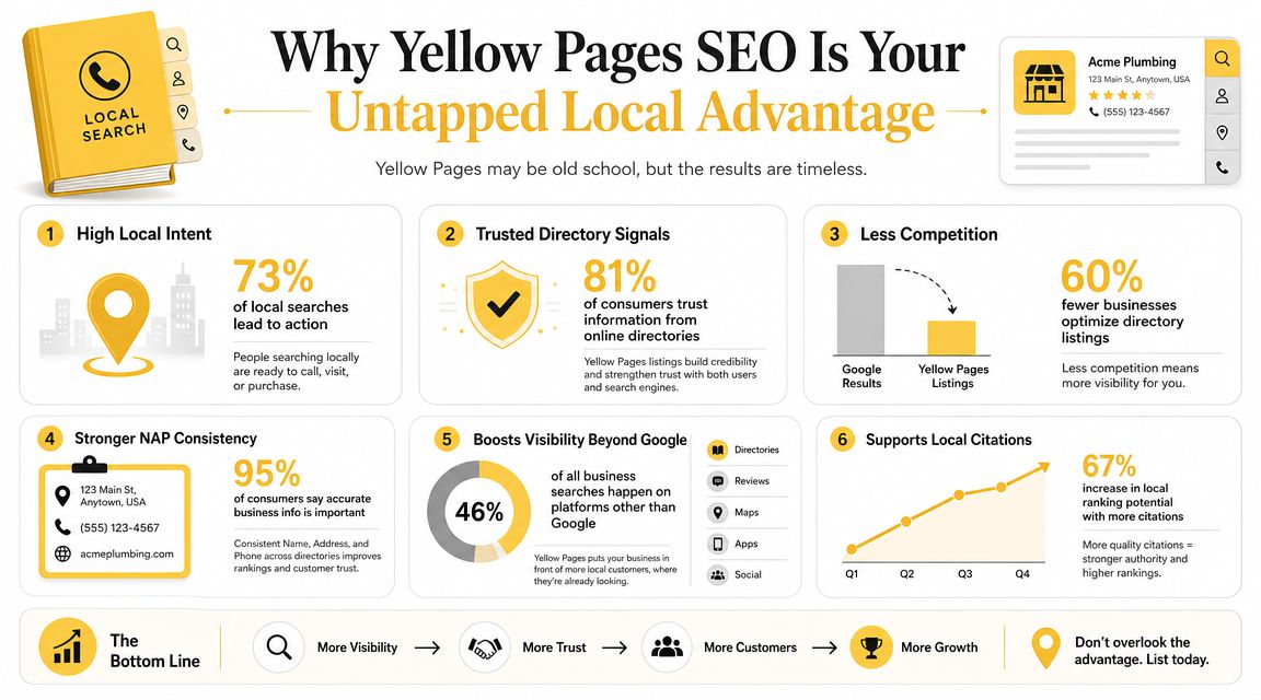 An infographic titled Why Yellow Pages SEO Is Your Untapped Local Advantage highlighting six benefits for businesses.