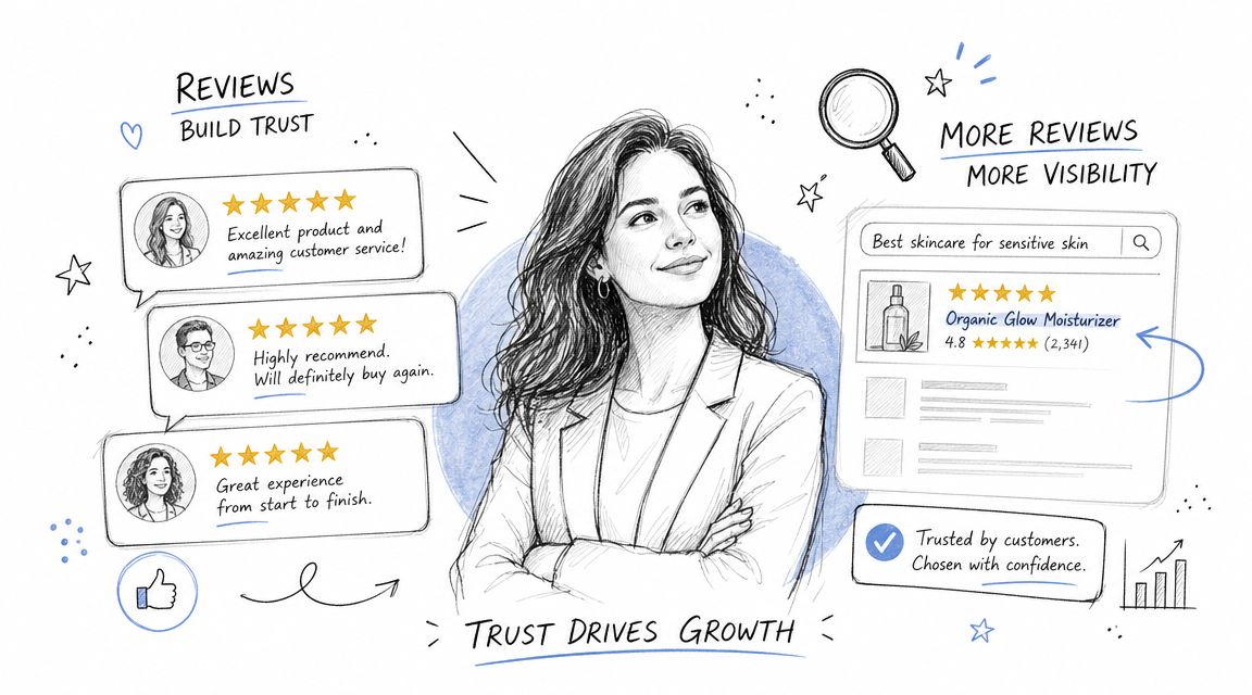 A professional illustration showing how positive customer reviews lead to business growth and improved search visibility.