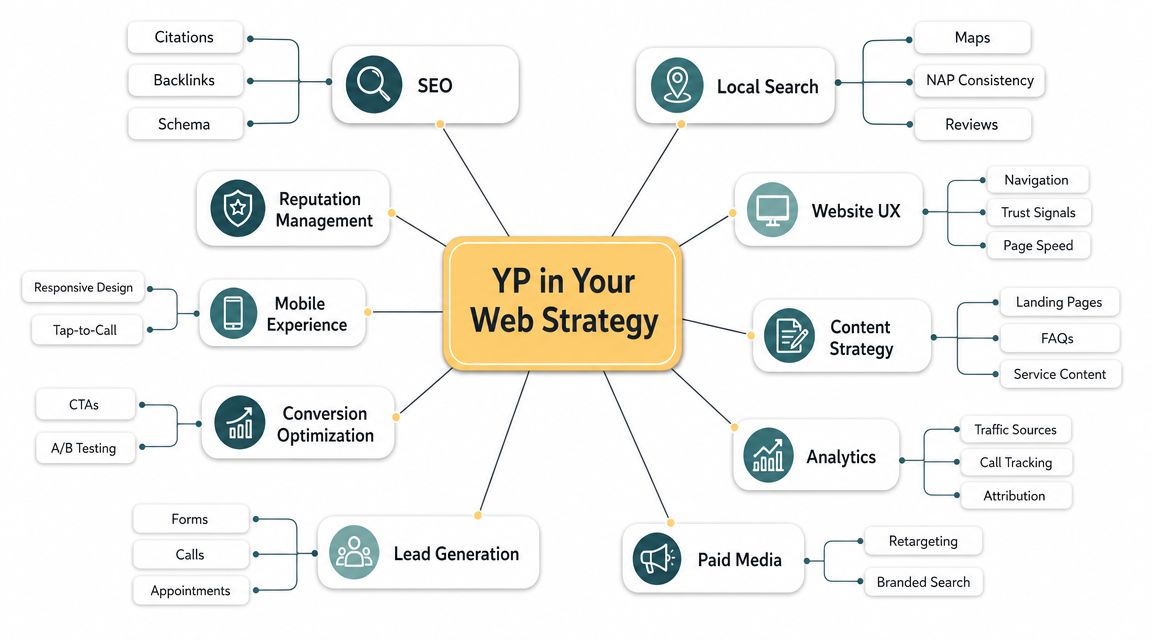 A diagram illustrating how Yellow Pages services integrate into a comprehensive web strategy for business growth.
